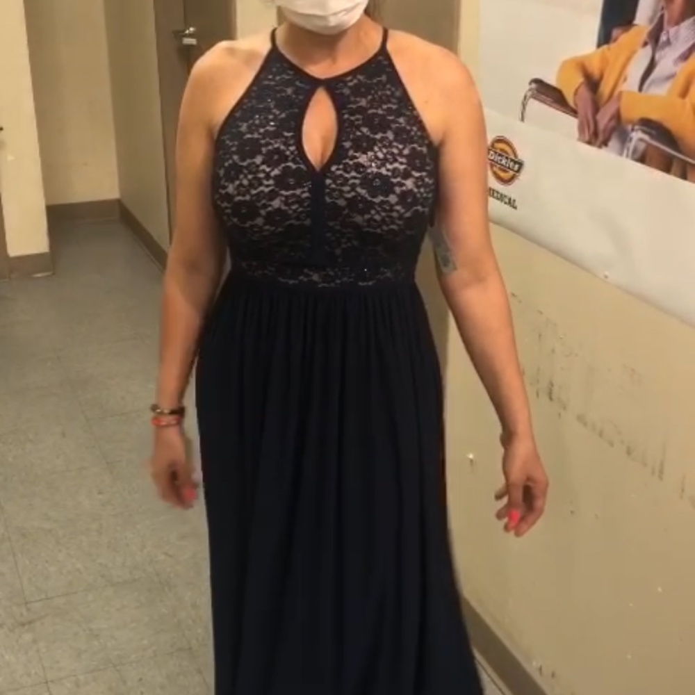 💃NWT❤️Nightway Navy/Nude Sequined Lace Sleeveless Halter Slit Skirt A-Line Even